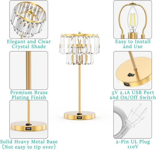 Vista 7 de Lámpara de noche para dormitorio, lámpara de mesa de cristal dorado de 18 pulgadas, gotas de cristal transparente Tiffany, puerto de carga USB