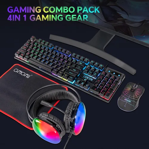 Vista 9 de Juego de teclado para juegos, mouse y mouse con micrófono, todo en uno, USB con cable RGB, retroiluminado, arco iris, botón lateral, compatible