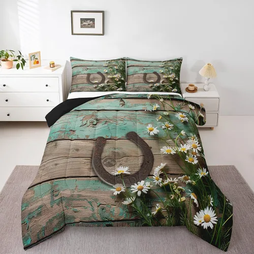 Vista 2 de Juego de ropa de cama rústica de granja color verde azulado con puerta de granero de madera, edredón de plumas tamaño Queen, decoración occidental