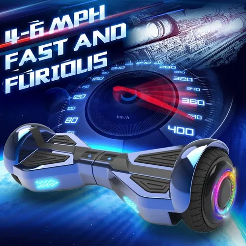 Vista 3 de Starship - Aeropatineta eléctrica con altavoz Bluetooth, color cromado, autoequilibrante, diseño de ciencia ficción y ruedas LED de 6.5 pulgadas
