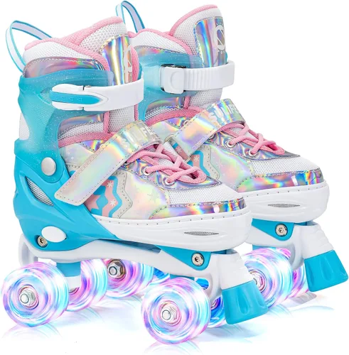 Vista 16 de SULIFEEL Rainbow Unicorn - Patines ajustables de 4 tamaños para niñas y niños de 3-5, 5-8, 6-12 años, patines para interiores y exteriores