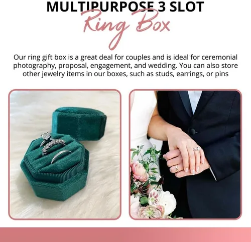 Vista 6 de Caja de terciopelo para anillos de alta calidad para ceremonia de boda con tapa desmontable, elegante y bonita caja para anillos de boda, 3 ranuras