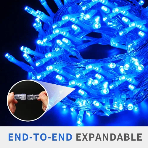 Vista 3 de Luces de Navidad azules enchufables de 66 pies, 200 luces LED conectables para árbol de Navidad, 8 modos de luces de cadena para interiores