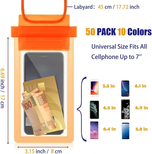 Vista 2 de Flutesan Paquete de 50 bolsas transparentes impermeables para teléfono, funda universal impermeable para teléfono, bolsa seca con cordón