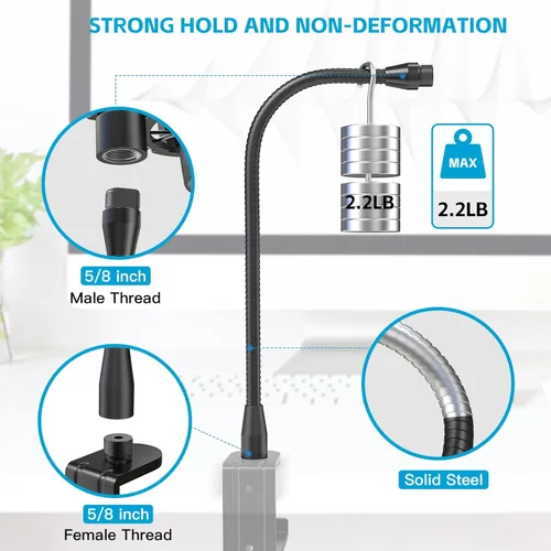 Vista 5 de ZealSound Brazo de manguera de metal multifuncional, cuello de cisne de micrófono de 13 pulgadas, extensión de soporte para soporte de piso