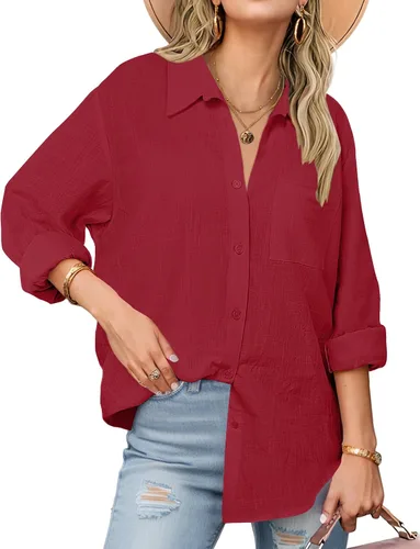 Vista 20 de Zeagoo - Blusas de lino con botones para mujer, de gasa, algodón, manga larga, blusas informales con cuello, corte holgado