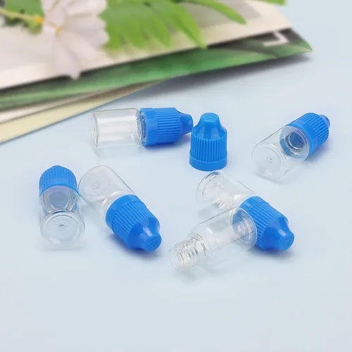 Vista 4 de 10 botellas de gotero transparentes de plástico vacías de 0.2 fl oz E-jugo E-líquido a prueba de niños, tapa azul