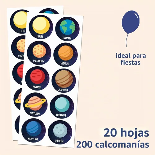 Vista 2 de Calcomanías del sistema solar planeta para niños, 1.5 pulgadas - 20 hojas, 200 calcomanías