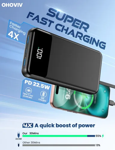 Vista 3 de Cargador portátil, banco de energía de 50000 mAh con cables incorporados, paquete de batería de carga rápida de 22.5W, cargador de teléfono portátil