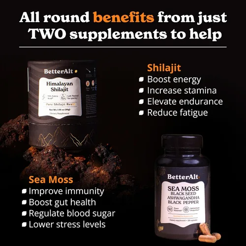 Vista 2 de Better Alt Shilajit - Cápsulas de resina de 1.06 oz y musgo marino Energy Duo, grado dorado Shilajit para hombres y mujeres con alta potencia
