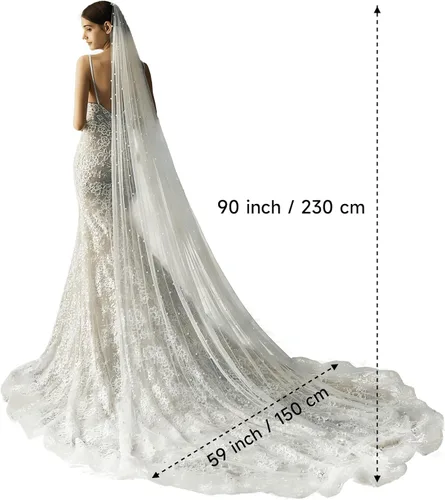 Vista 7 de AMBRE ADELE Cathedral Bridal Long Tulle Veil With Pearl, Wedding Veil for Brides
