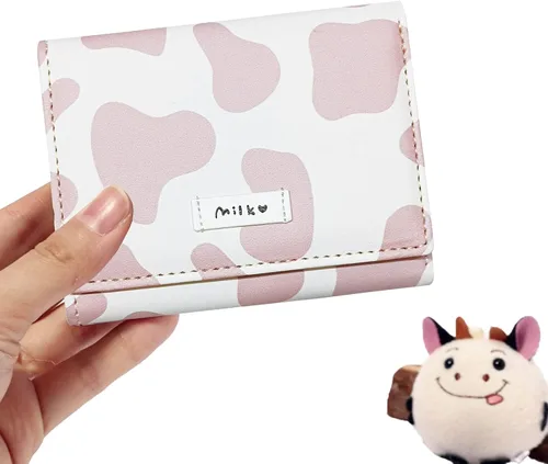 Vista 2 de MOZXIRZ Cartera de piel sintética para mujeres y niñas con estampado de vaca de tres pliegues delgada y corta con diseño de caricaturas triple
