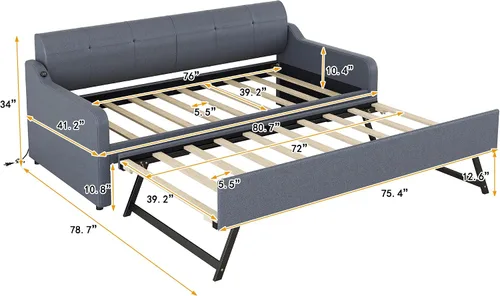 Vista 2 de MERITLINE Sofá cama tapizado con nido y carga USB, marco de sofá cama extensible de tamaño individual a king, sofá cama con cama nido puede ser