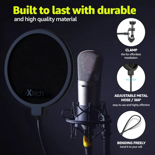 Vista 3 de Ixtech Filtro pop para micrófono, filtro pop Blue Yeti, pantalla de doble capa con un clip flexible de cuello de cisne de 360 grados