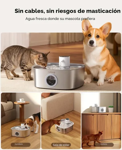 Vista 2 de Fuente de agua inalámbrica para perros, fuente de agua operada por batería de 5000mAh para perros, fuente de agua de acero inoxidable para gatos
