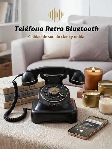 Vista 2 de Teléfono fijo Bluetooth Teléfono giratorio retro compatible con asistente de voz Diálogo inteligente, reproducción de música, llamadas manos libres