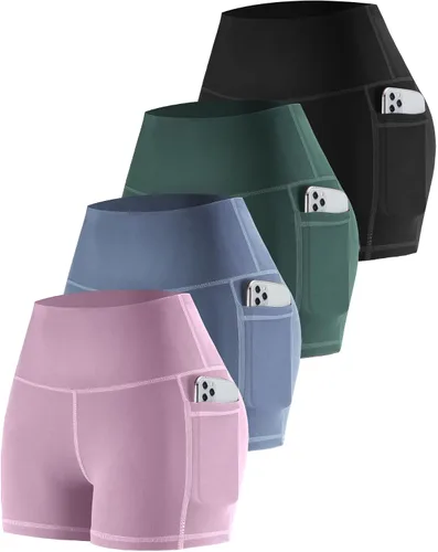 Vista 47 de CHRLEISURE - Pantalones cortos de ciclismo para mujer con bolsillos de licra, cintura alta, con control de abdomen para entrenamiento, yoga