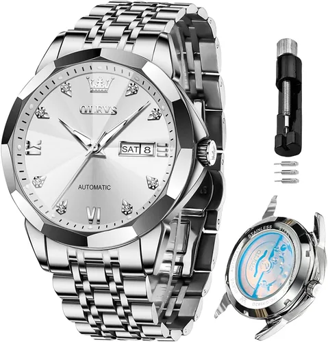 Vista 20 de OLEVS Reloj de pulsera automático con diseño de esqueleto para hombre, de lujo, con diamantes de lujo, de acero inoxidable, calendario, reloj
