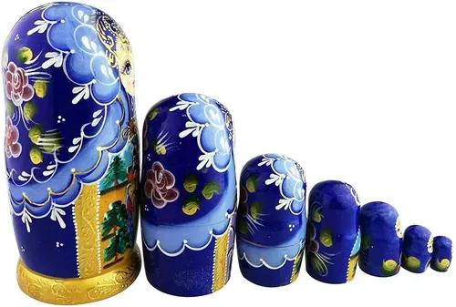 Vista 3 de Winterworm Hermoso patrón azul y dorado de cuento de hadas hecho a mano de madera tradicional rusa muñecas de anidación Matryoshka Set de 7 piezas