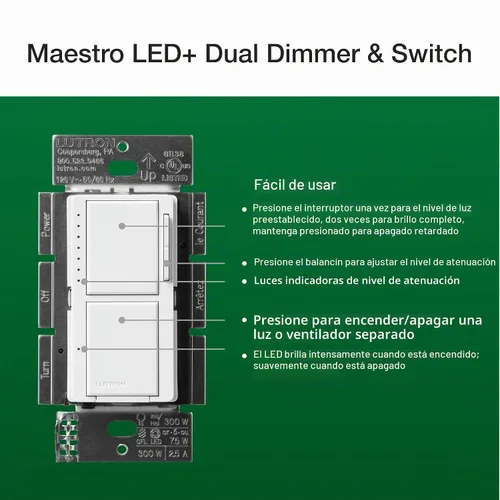 Vista 10 de Lutron Maestro LED+ - Regulador e interruptor dual Bombillas LED de 75 vatios/ventiladores de 2.5 A, un solo polo MACL-L3S25-WH Blanco