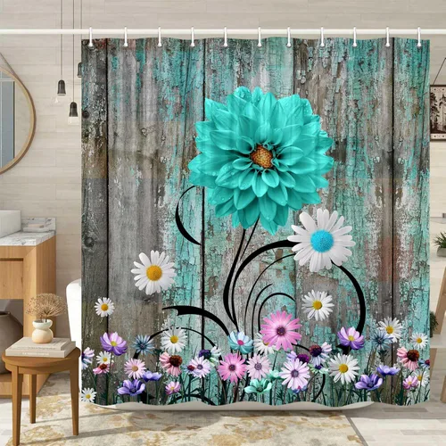 Vista 6 de Cortina de ducha rústica con diseño floral, cortina de ducha rústica con margaritas, cortina de ducha de madera rústica con ganchos, 36 x 72 Verde