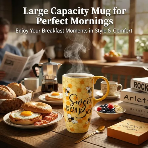 Vista 6 de Topadorn Taza de cerámica de café de porcelana con tapa en caja de regalo de 17 onzas, tazas de café novedosas para hombres, mujeres, oficina y Abeja