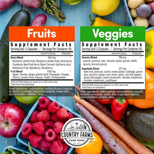 Vista 2 de Country Farms Suplemento de frutas y verduras, 180 cápsulas de frutas y 180 verduras, verduras y rojos llenos de superalimentos, potentes