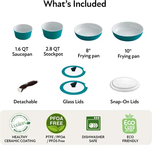 Vista 6 de [Usado] Neoflam Midas cerámica antiadherente utensilios de cocina set con mango extraíble, Midas Plus 9pc, Verde esmeralda