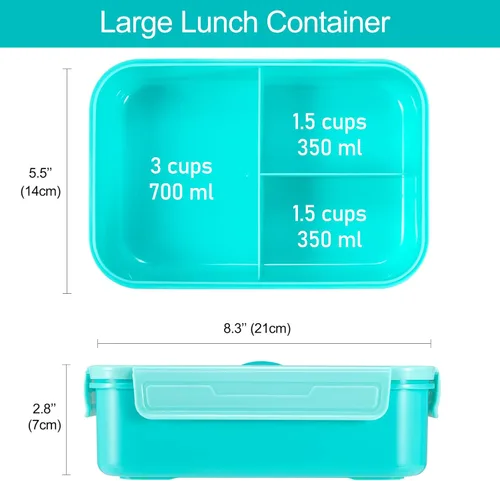 Vista 2 de Caperci Caja Bento Clásica para Almuerzo Adulto para Niños Mayores - Envase de Almuerzo de 47 oz con 3 Compartimentos Impermeable para Adultos