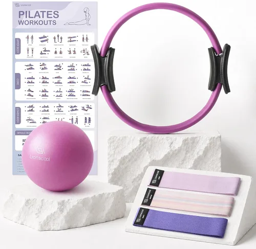 Vista 9 de LIONSCOOL Pilates Ring Set - 14" Anti-Deformation Magic Circle with Padded Handles, 9" Mini Ball, Non-Slip Fabric Resistance Bands, Guide & Bag