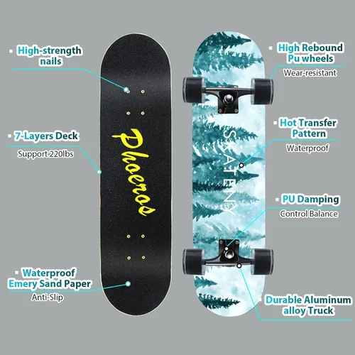 Vista 2 de PHOEROS Complete Skateboards- Standard Skateboards for Beginners Kids Boys Girls Teenager- 31''x 10''Canadian Maple Cruiser Pro Skate Board