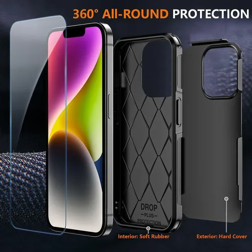 Vista 4 de Funda protectora para iPhone 14/iPhone 13, [grado militar] de 15 pies con 2 protectores de pantalla de vidrio templado, delgada y resistente funda