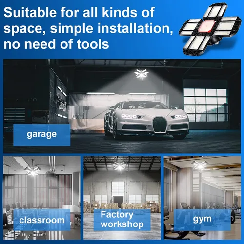 Vista 3 de Luces de garaje LED de techo, 12 paneles enchufables con 180 W, 18000 lúmenes, 6500 K, 12 hojas deformables multiposición, base E26 E27 ideal