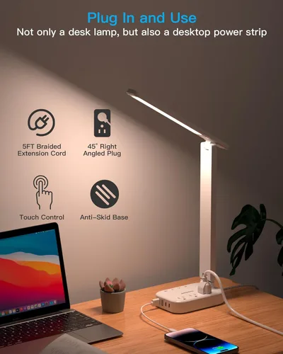 Vista 9 de One Beat lámpara de escritorio LED pequeña con extensión de 5 pies, tira de corriente con 3 tomas de corriente, 4 puertos USB (2 USB C), 4 modos, 5