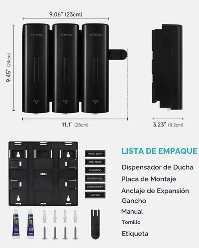 Vista 9 de AIKE Dispensador de champú y acondicionador de ducha de 3 cámaras para baño Negro