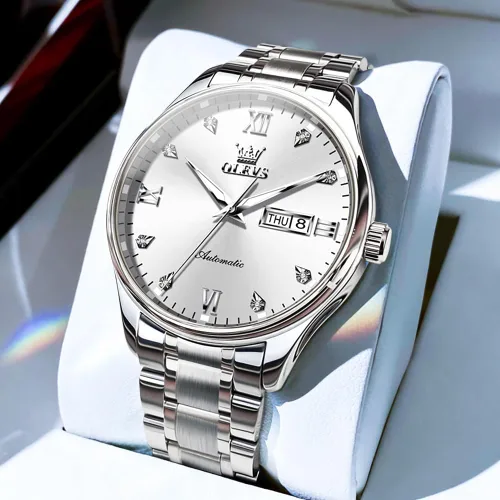 Vista 4 de OLEVS Relojes automáticos para hombre, con cuerda automática, calendario mecánico, resistente al agua, de acero inoxidable, luminoso, de lujo