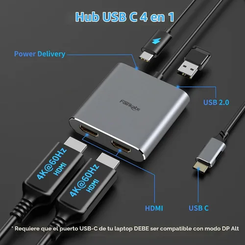 Vista 2 de Adaptador USB C a HDMI Dual 4K@60Hz, 4 en 1 USB C a HDMI Convertidor