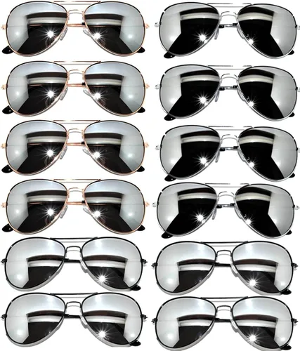 Vista 34 de OWL Paquete de 12 lentes de sol de aviador a granel de metal dorado, plateado, marco negro para hombres y mujeres, gafas de fiesta