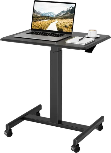 Vista 11 de BONTEC Escritorio móvil de pie de altura ajustable, carrito rodante para laptop con estante de almacenamiento, ganchos, estación de trabajo portátil