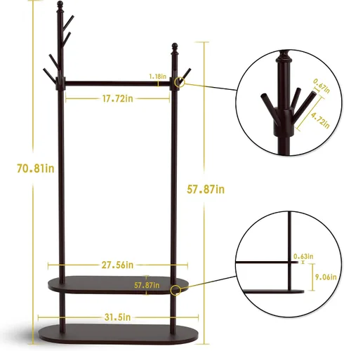 Vista 4 de Perchero de dos niveles independiente, fácil de montar, 8 ganchos, perchero de madera con almacenamiento para zapatos, árbol de abrigo resistente