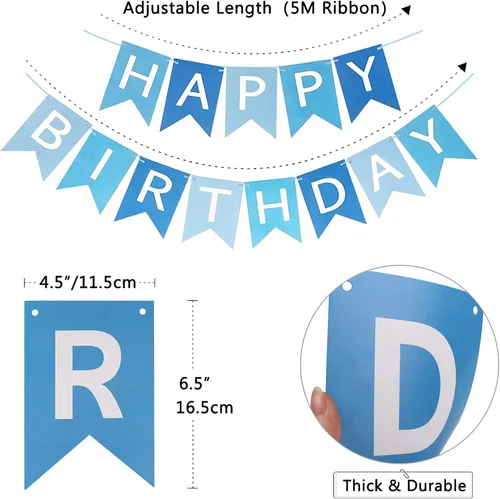 Vista 3 de Cartel de feliz cumpleaños, banderines, globos de fiesta azul bebé, confeti, globos de látex, pancartas de fiesta para niños y niñas, decoraciones