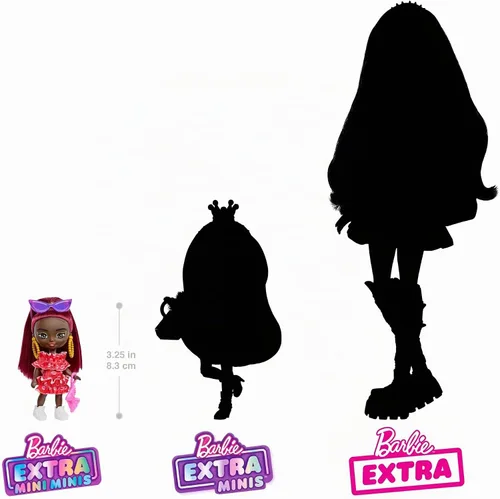 Vista 5 de Muñeca Barbie Extra Mini Minis con cabello burdeos, vestido rojo de volantes, gafas de sol y accesorios y soporte, 3.25 pulgadas
