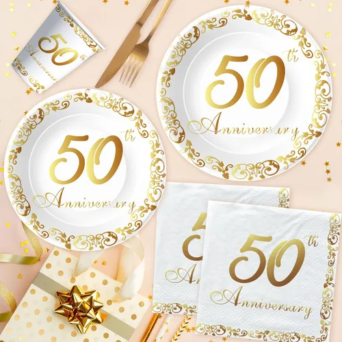 Vista 3 de APOWBLS Decoraciones y suministros para el 50 aniversario – Decoración dorada del 50 aniversario de boda, suministros para fiesta, plato de papel