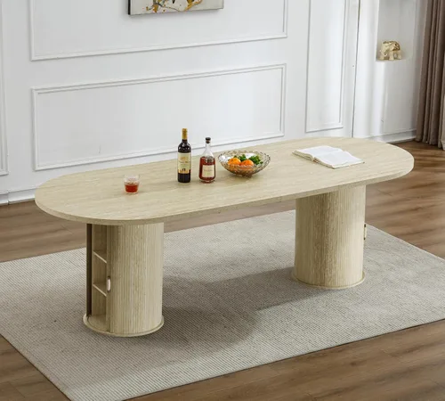 Vista 22 de Mesa de comedor redonda extensible de 94 pulgadas con base de almacenamiento, mesa de comedor expandible natural para 10, mesa de comedor de madera