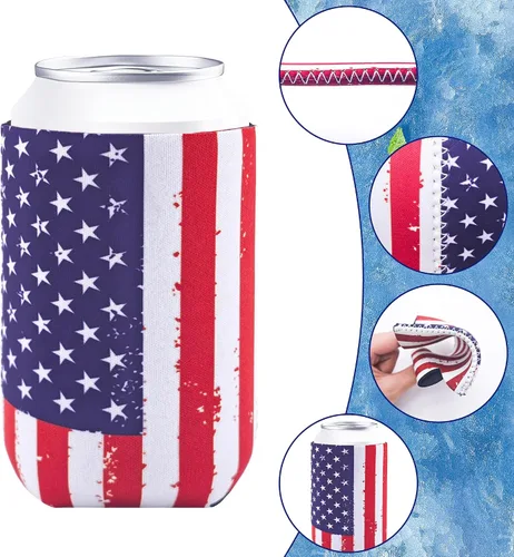 Vista 2 de 12 fundas para enfriar latas con bandera de Estados Unidos, neopreno a granel para latas y botellas, 120z