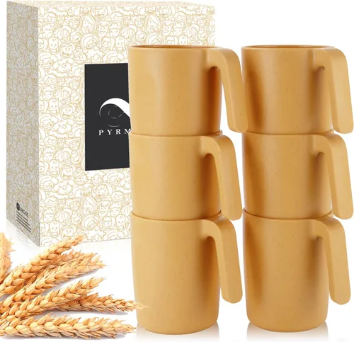 Vista 15 de PYRMONT Juego de 6 tazas de paja de trigo, tazas de café de plástico reutilizables, tazas de té con asas, juego de tazas de 16 onzas para café
