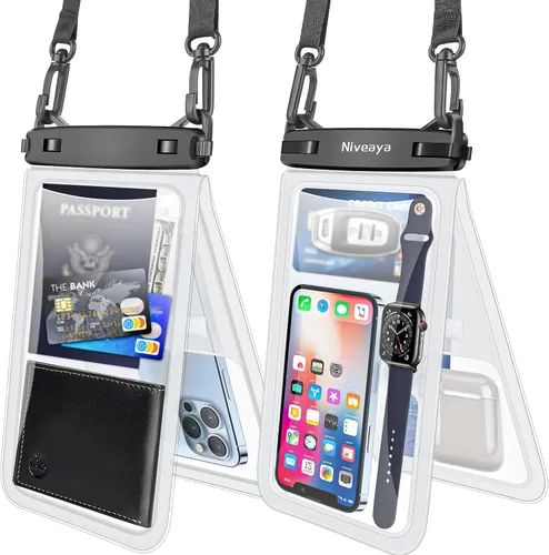 Vista 12 de Niveaya Bolsa impermeable para teléfono con doble espacio - 2 unidades, funda impermeable con cordón para iPhone 16/15/14/13/12 Pro Max hasta 8.3