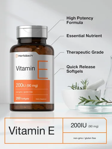 Vista 3 de Horbäach Vitamina E Softgel Cápsulas 200 UI Suplemento de 90 mg 200 unidades Fórmula sin OMG y sin gluten