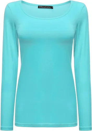 Vista 37 de OThread & Co. Camiseta de manga larga con cuello redondo para mujer, capa básica, de elastano Albaricoque
