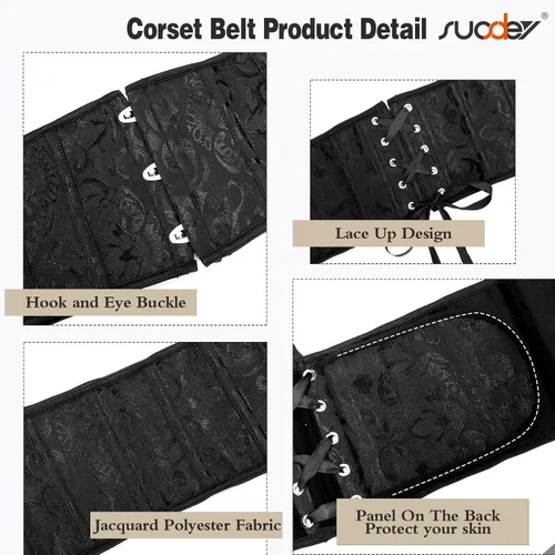 Vista 3 de SUOSDEY Cinturón de corsé de jacquard para mujer, con cordones, de satén, para avispa, renacentista, steampunk, pirata